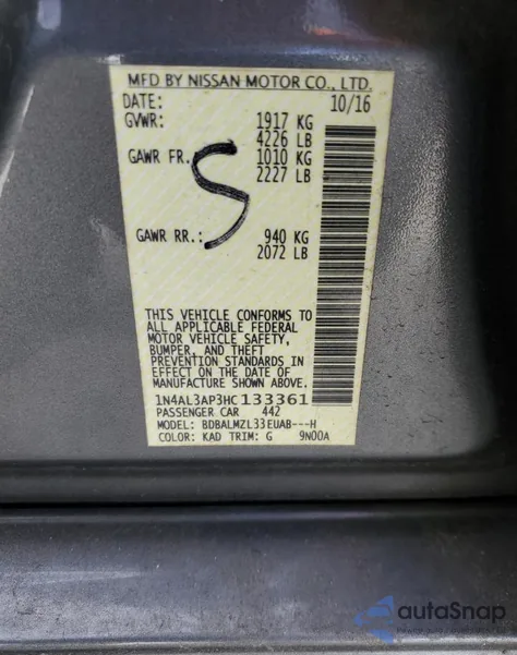 2017 Nissan Altima 2.5 z USA, uszkodzony, nr VIN 1N4AL3AP3HC133361